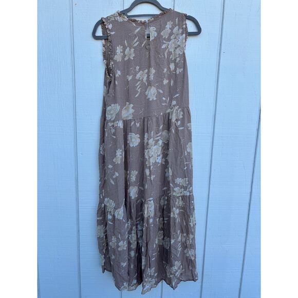 Calista Tiered Midi Dress, Lightweight, Light Brown, Floral, Textured, Sz L - Picture 2 of 6